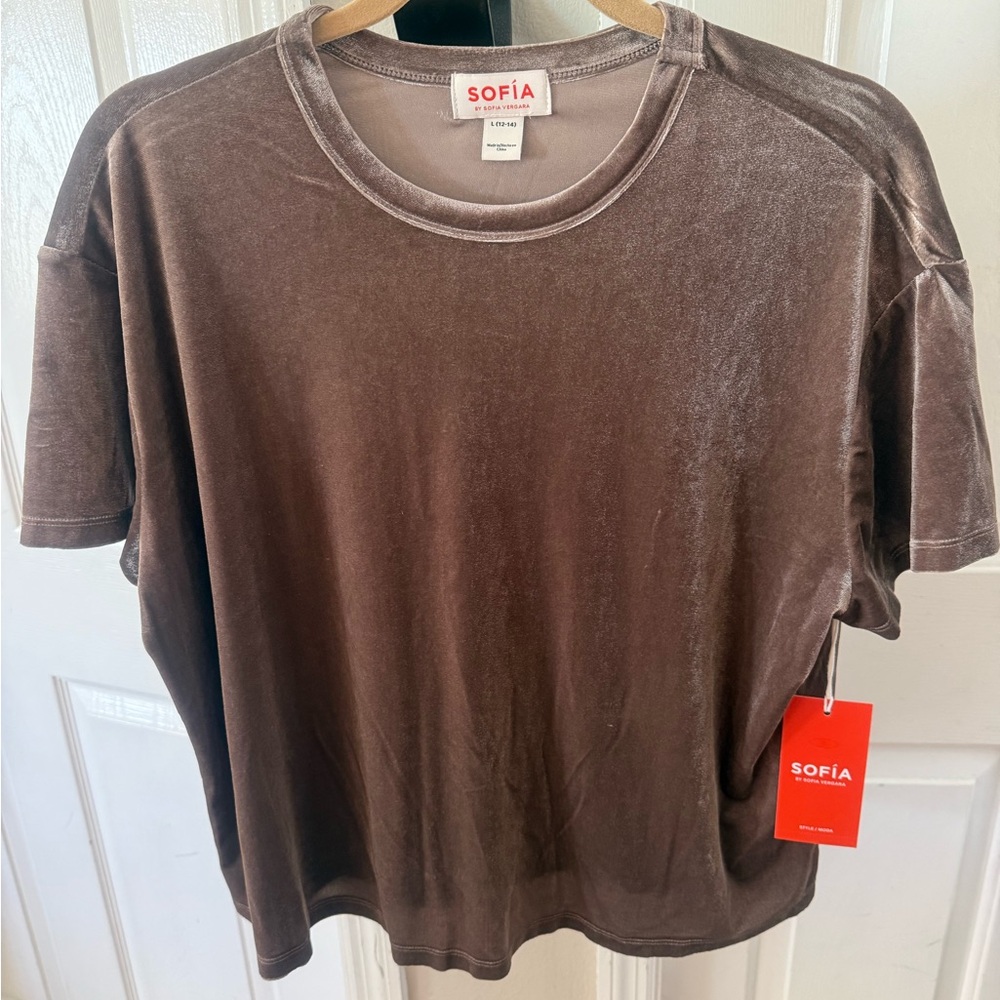 Sofia by Sofia Vergara Velvet Short Sleeve Tee - Brown